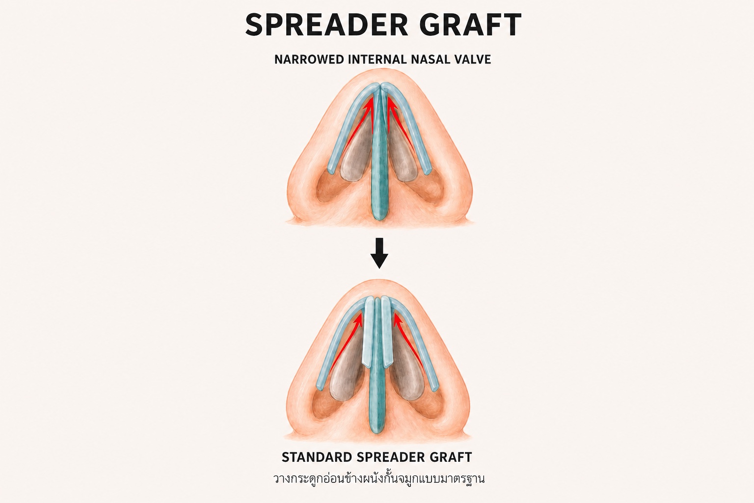 ภาพจำลอง แสดงวาล์วจมูกด้านในที่แคบและหลักการวาง standard spreader graft ข้างผนังกั้นจมูก